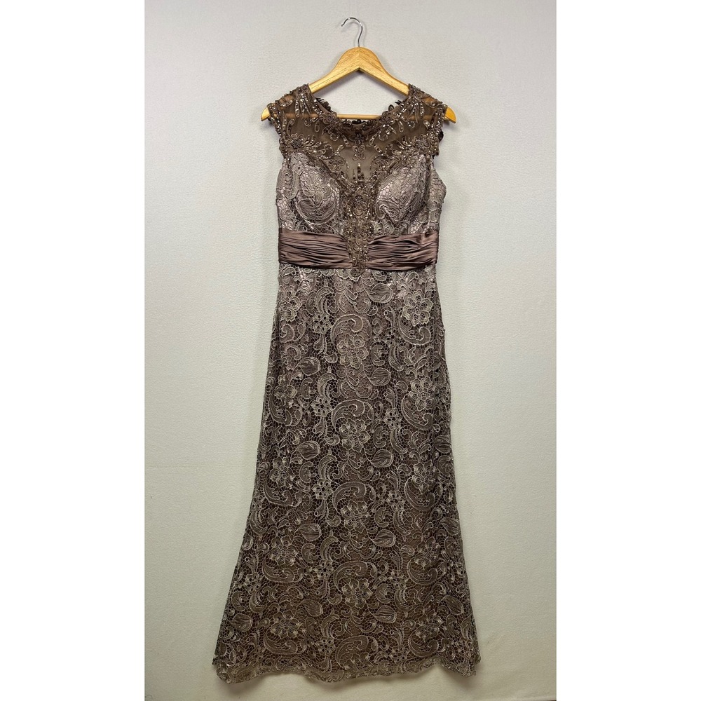 Embellished Lace Evening Gown in Taupe